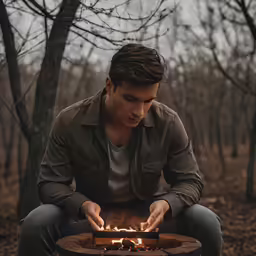 man sitting by fire lit up in the forest