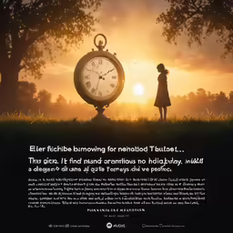 a woman looking at a clock with a sun shining in the background