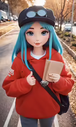 the woman is wearing a red sweatshirt and blue hair