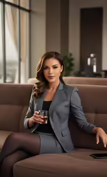 woman in gray business attire with a wine glass