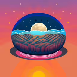 a poster with a mountain landscape inside it,a painting with mountains, hills and a full moon