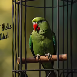 green parrot sits on perch in decorative cage