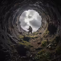 the man in the rock tunnel has an umbrella