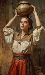 the beautiful girl is holding on to a bowl on her head