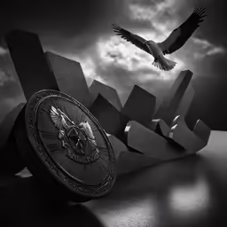 a black and white photo of two birds flying in the sky next to some geometric structures