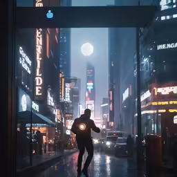 man on rainy night walking down the street