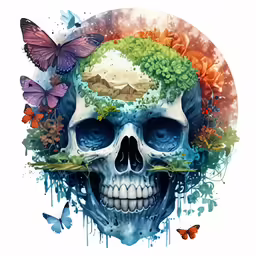 a skull with colorful butterflies on it
