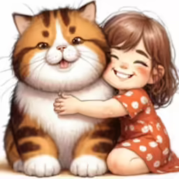 a cute girl hugging a fat cat with her hands