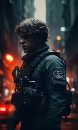man in uniform holding a gun in a city street