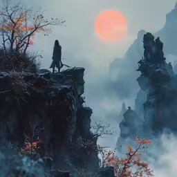 the image shows a man standing on a cliff overlooking a misty landscape