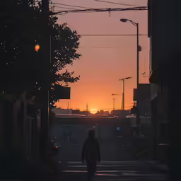 a man walking down the street in the sunset