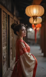 woman in traditional chinese dress standing on the street
