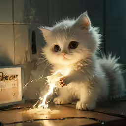 a small white cat is shown with a sparkler