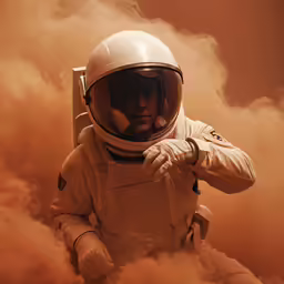 a man in a white suit with a helmet on is standing among clouds of smoke