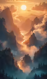 sunrise seen from a cliff of the top of a mountain in the mist