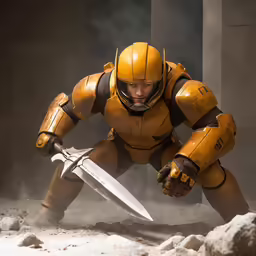 a sci - fion holding two swords, ready to fight