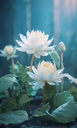 three white water lilies blooming on a rainy day