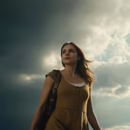 a woman wearing a tan dress and carrying a purse standing in front of a cloudy sky