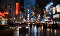 a busy street with people crossing it in the night time
