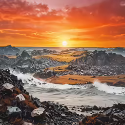 a painting of rocks and water as the sun sets
