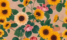 a pattern of sunflowers with green leaves and pink and yellow flowers