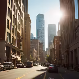 a city street is shown with cars in front of tall buildings