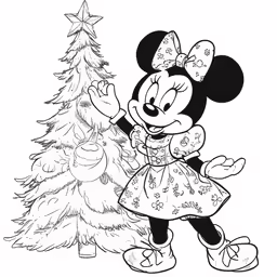 minnie mouse near a christmas tree with a star on it