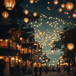 several people walk down a street with large lights strung above