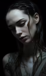 a woman with water on her face is wearing dark makeup