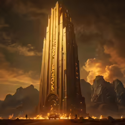 a massive skyscraper in a futuristic setting with burning windows