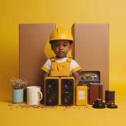 small boy with yellow helmet next to coffee cups and speakers