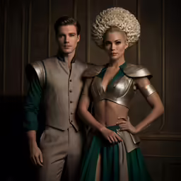 a couple dressed in medieval garb posing for a photo
