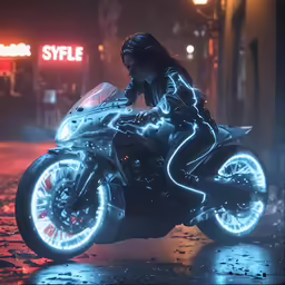 a woman is riding a motorcycle in the dark