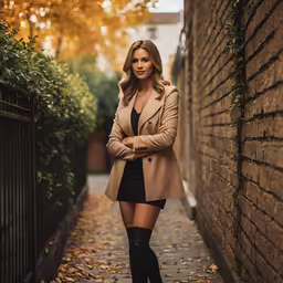 young woman in short skirt and boots smiling at camera while standing by fence