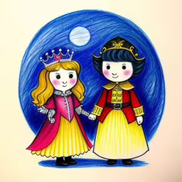there is a drawing of two kids dressed in princess costumes,drawing of two little girls wearing princess outfits