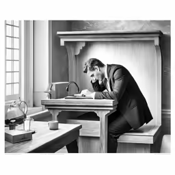 a man is seated at a desk writing with a cigarette in hand