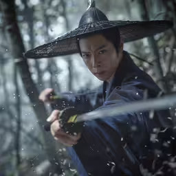 a japanese samurai holding a sword in his right hand,a man dressed as an asian warrior practicing the sword swing