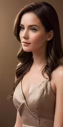 a woman with long hair wearing a gold dress