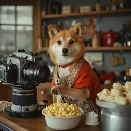 a dog sitting on a table with some food