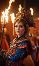 woman dressed in ancient costume carrying flame stick