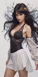 a girl wearing a dress and gold accents in a magazine