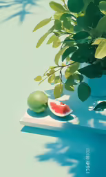 a small white plate sitting on top of a counter next to some watermelon and a green plant
