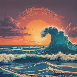 a large wave in the ocean on an orange and blue sky,a painting of a giant wave in the sunset