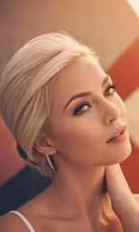 an image of a blond woman with her hand under her chin