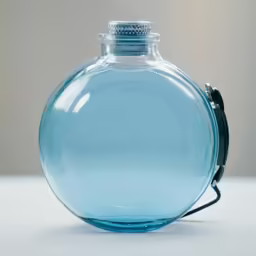 a blue glass jug with a lid on a white table