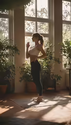 a woman standing on her side with a plant behind her