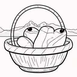a basket filled with food with mountains in the background