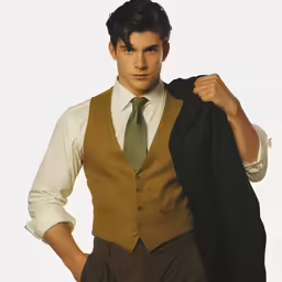 a man wearing a vest and tie and posing for a picture