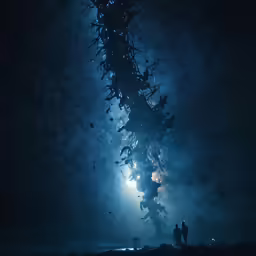 two people are standing under a tall structure