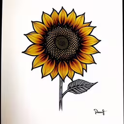 a drawing of a sunflower with leaves,a sunflower drawing by me and an inked painting